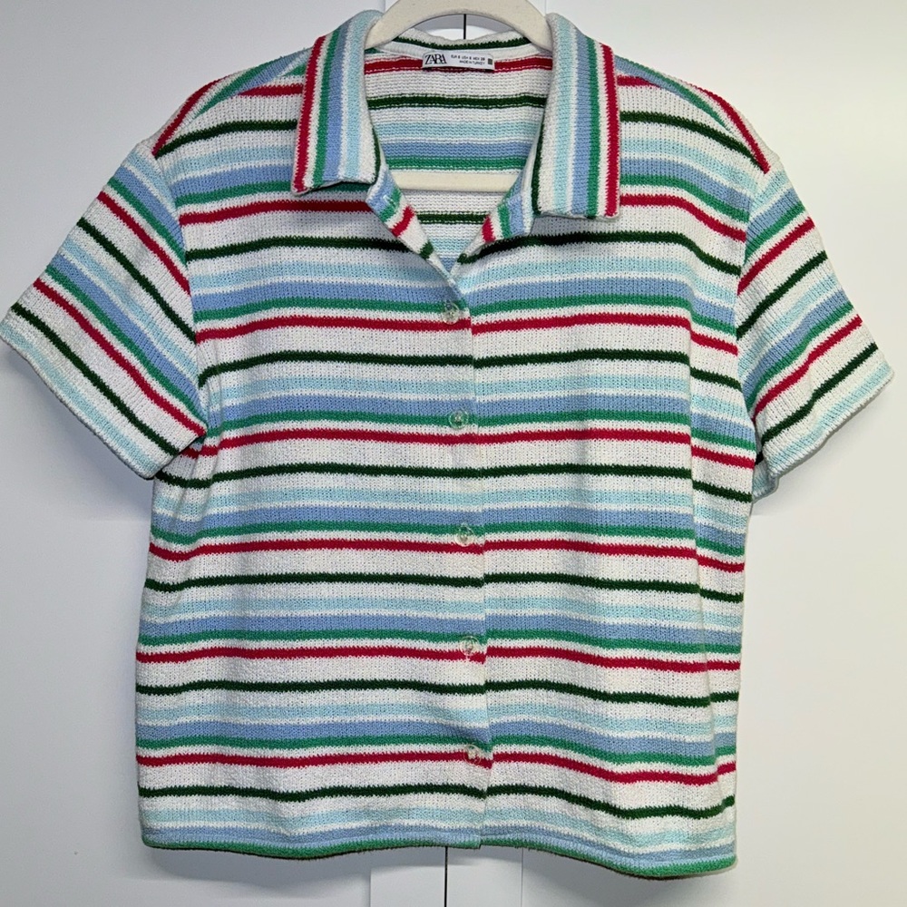 Zara Multicolor Striped Knit Button-Down Top